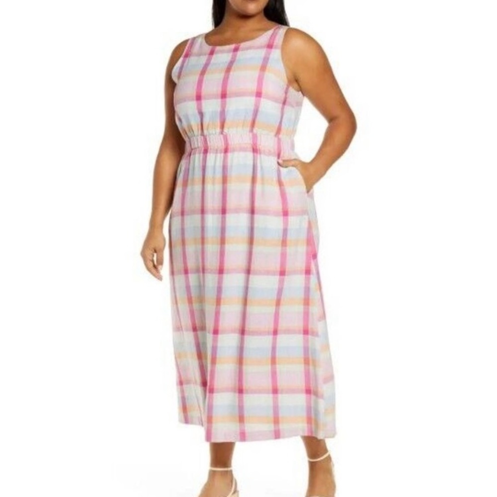 Nordstrom Pink Blue Plaid Linen Sleeveless Tie Back Midi Dress